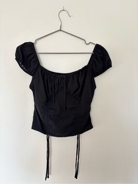 Active USA Black Puff-Sleeve Drawstring Peasant Top